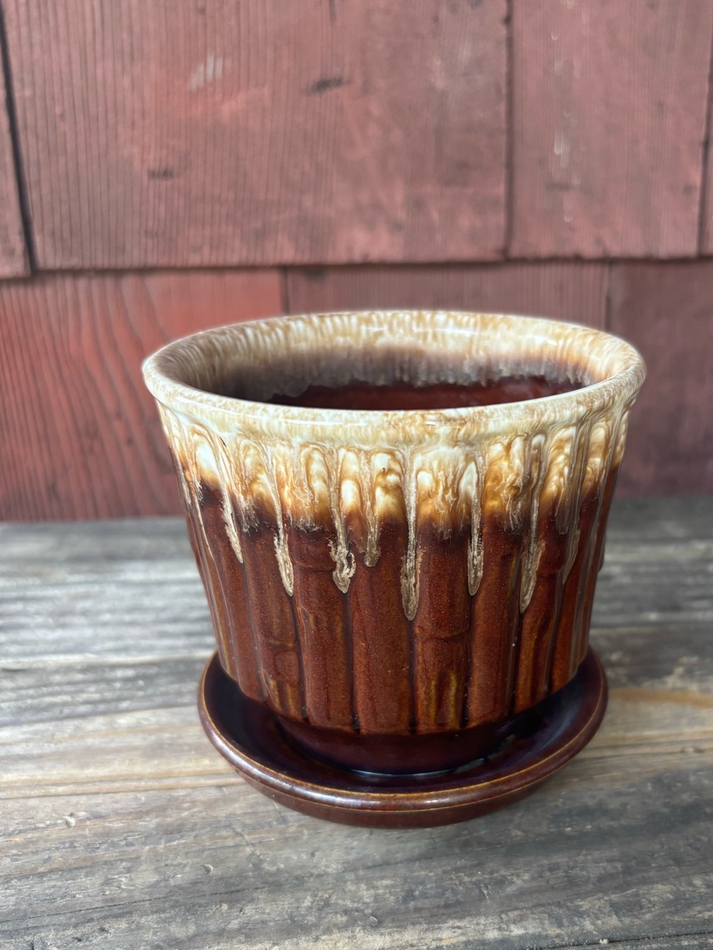Vintage Brown McCoy Planter BAMBOO Pattern with Attached Saucer